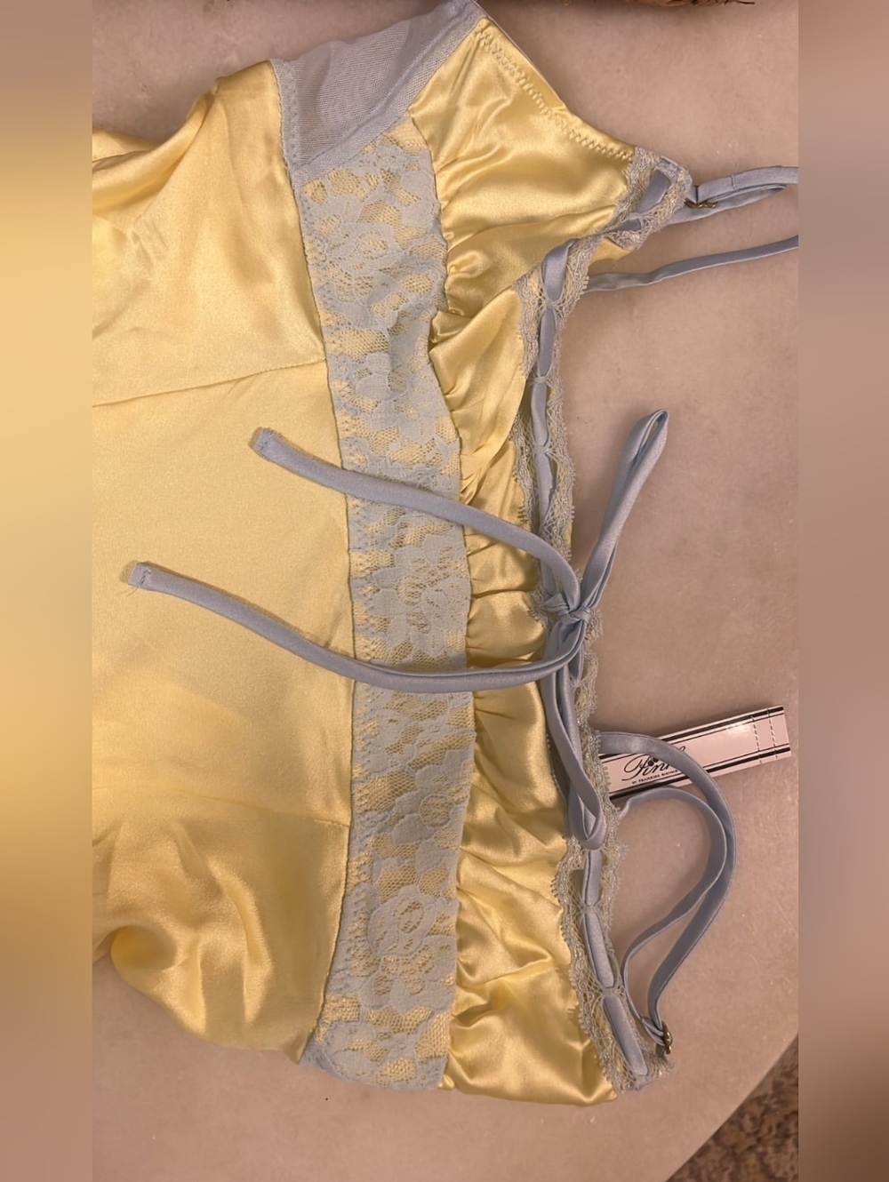 Frankie's Bikinis Yellow Satin Mini Slip Dress with Pale Blue Trim VS - Picture 7 of 8